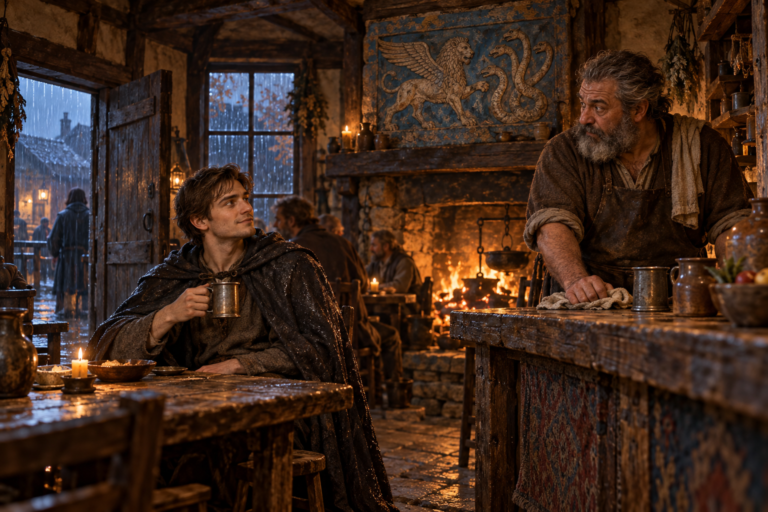 Michael Lancilgon shares a drink with tavern keeper Branoc at the Alabaster Griffin in Pneuma: Self’s Emissary.